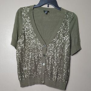 Talbots Dark Green Full Button Short Sleeved Cardigan W Sequins Size XP